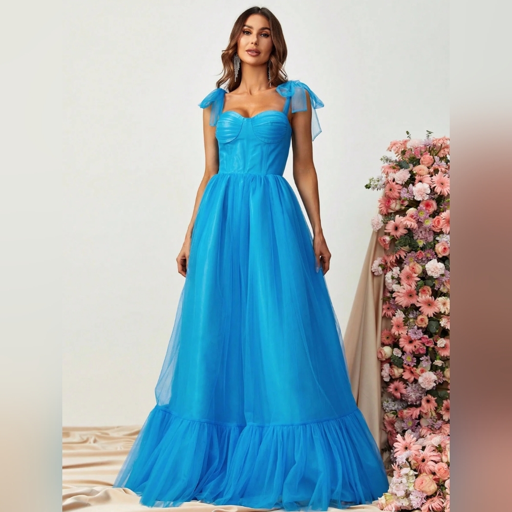 Tie Shoulder Ruffle Hem Mesh Maxi Dress In Color Blue. Size Medium.  $109 retail - Picture 2 of 10